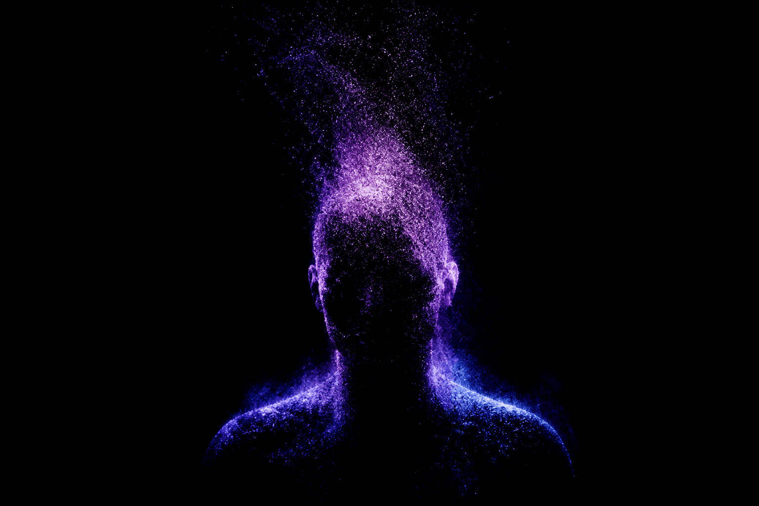 A future self assembling from violet particles in the dark.