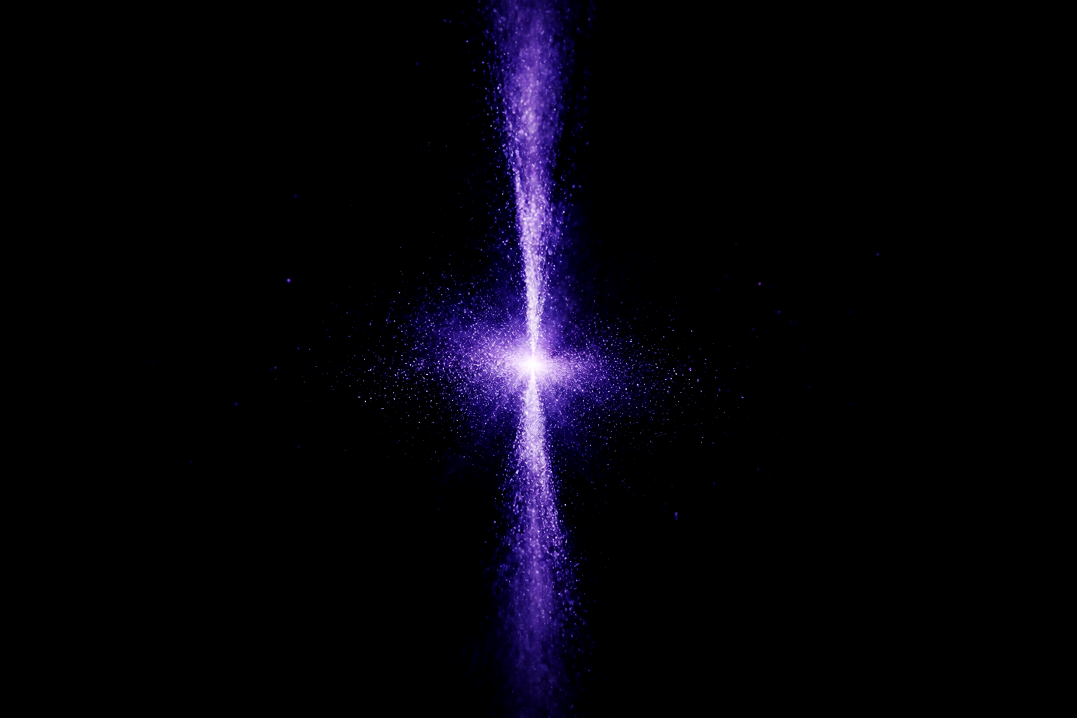 Two streams of particles meeting at a bright point of convergence.